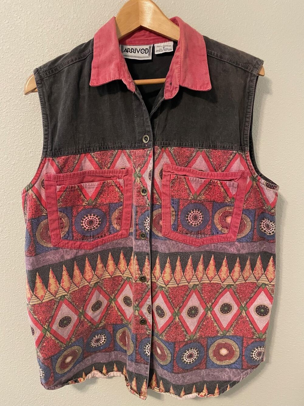 Vintage Arrived Vest Men Medium Multicolor Tribal Geometric Sleeveless Button Up